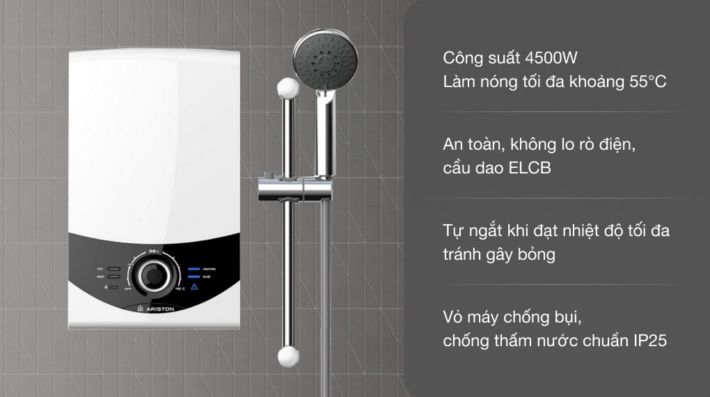 Máy nước nóng trực tiếp Ariston 4500W AURES SMC45PE SBS VN có bơm trợ lực đang được kinh doanh tại Điện máy XANH